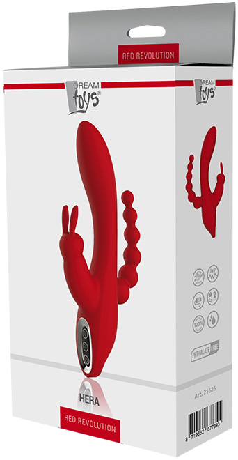 Vibrator Hera Red Revolution, 7+3 Moduri VIbratii, Silicon, USB, Rosu, 21 cm