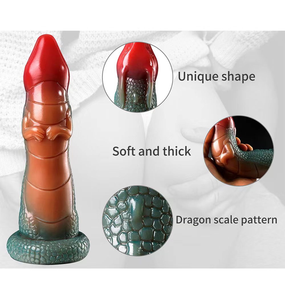 Dildo Chinese Dragon cu Ventuza, Silicon Lichid, Rosu/Verde, 19 cm, Passion Labs