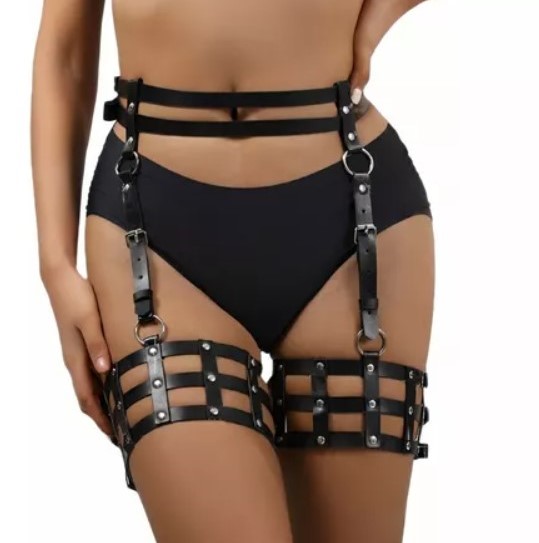 Sistem Harness Sexy Thighs, Piele Ecologica, Negru, S-L, JGF Lingerie