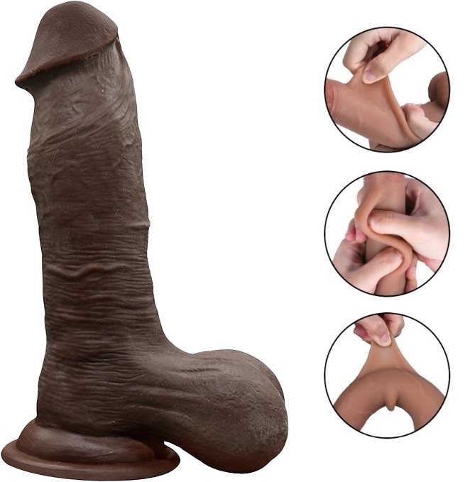 Dildo Rich Sliding&Bendable, TPE Strat Dublu, Maro, 19.5 cm, Passion Labs