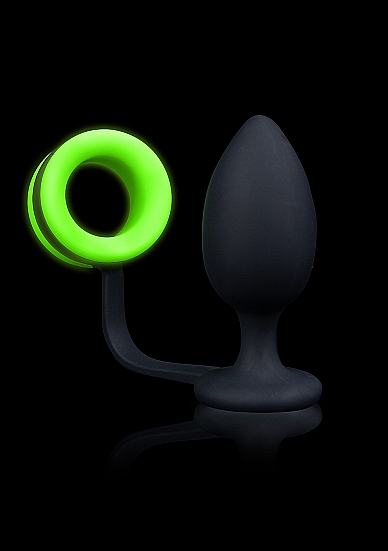 Dop Anal cu Inel Penis Glow in the Dark, 9.8 cm, Verde Neon/Negru