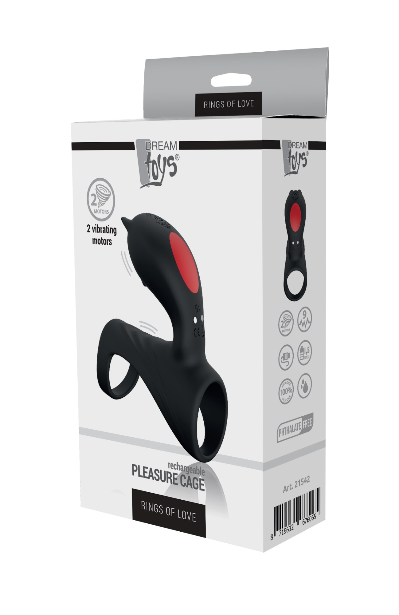 Inel de Penis Dublu Pleasure Cage, 9 Moduri Vibratii, Silicon, USB, Negru