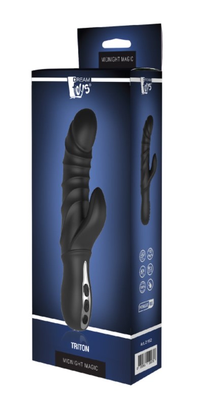 Vibrator Rabbit Triton 10 Moduri Vibratii Silicon Lichid USB Negru 23 cm Midnight Magic