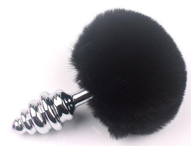 Dop Anal Fluffly Twist Medium Metalic Coada Scurta Argintiu/Negru 8.1 cm Mokko Toys