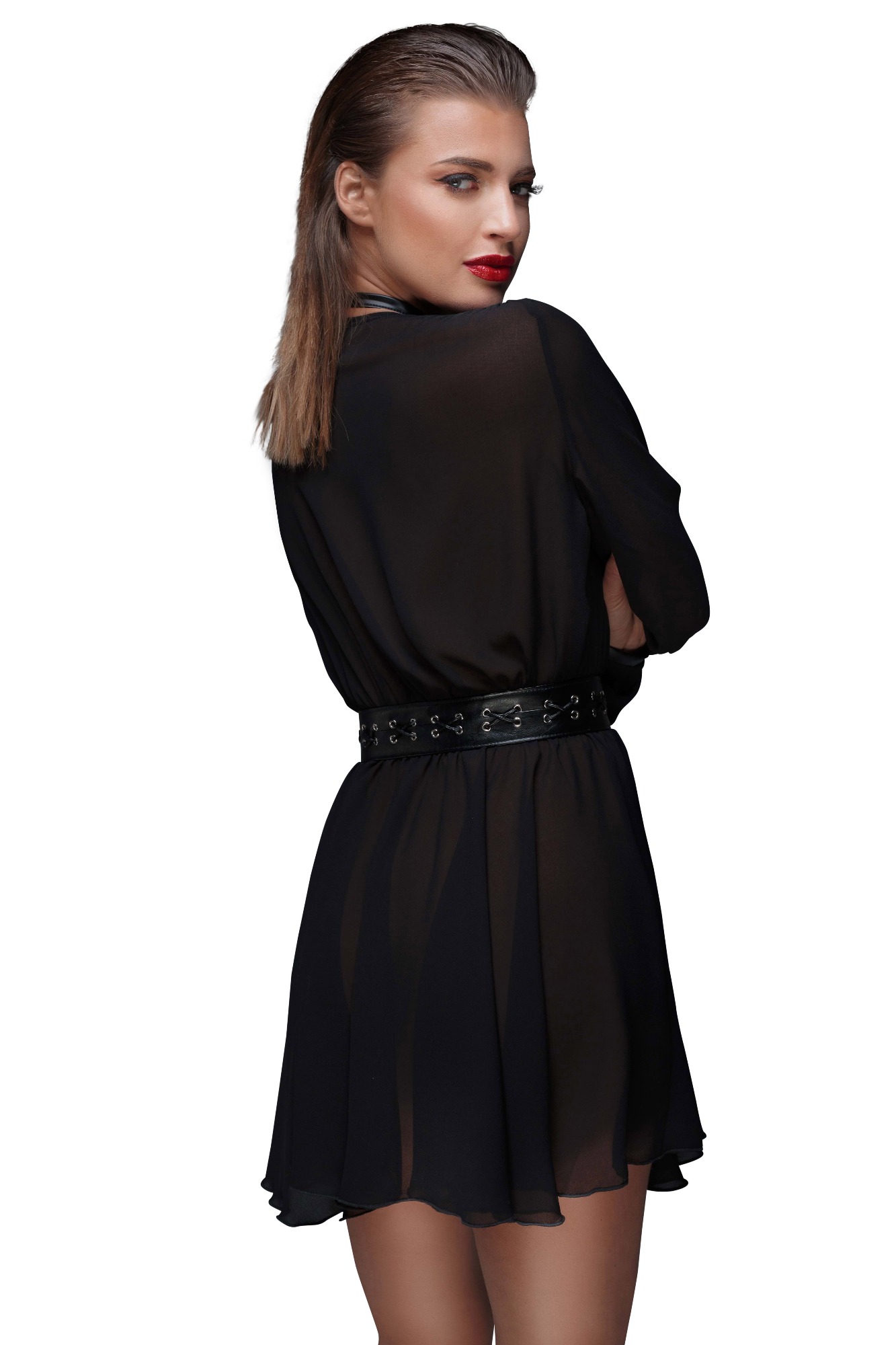 Rochie Mini din Voal cu Centura Piele Ec in SexShop KUR Romania