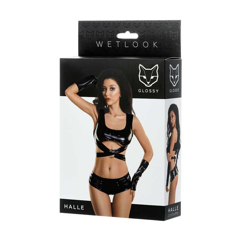 Set Halle 3 Piese Lenjerie Wetlook Negru M