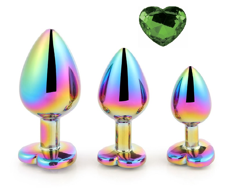 Set 3 Dopuri Rainbow Buttplug, Heart Shape, Piatra Verde, Guilty Toys