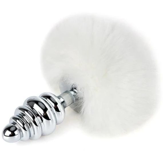 Dop Anal Fluffly Twist Medium Metalic Coada Scurta Argintiu/Alb 8.1 cm Mokko Toys