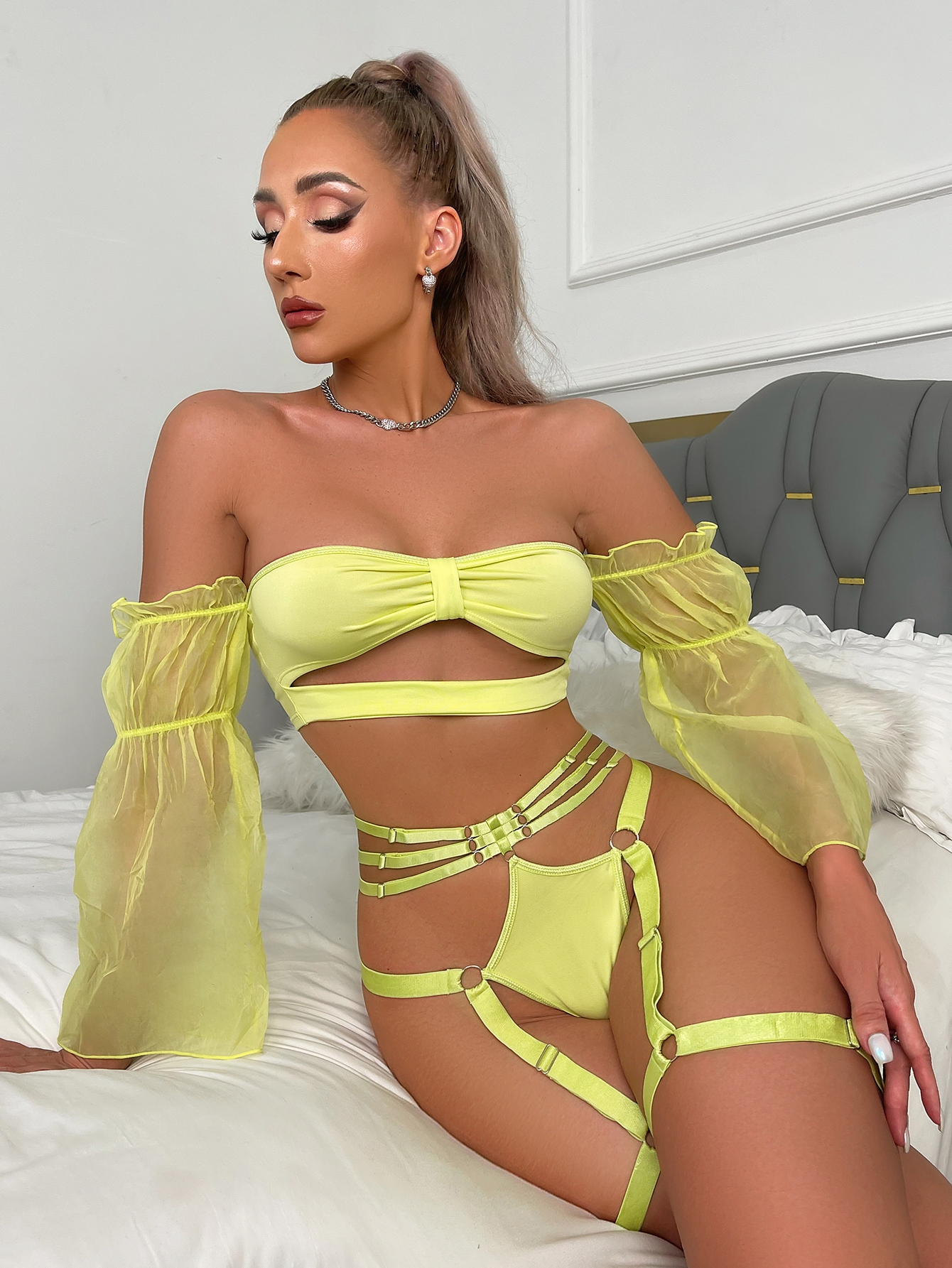 Set Lenjerie 2 Piese, Verde Neon, XL, JGF Lingerie, #4, Erotic24.ro