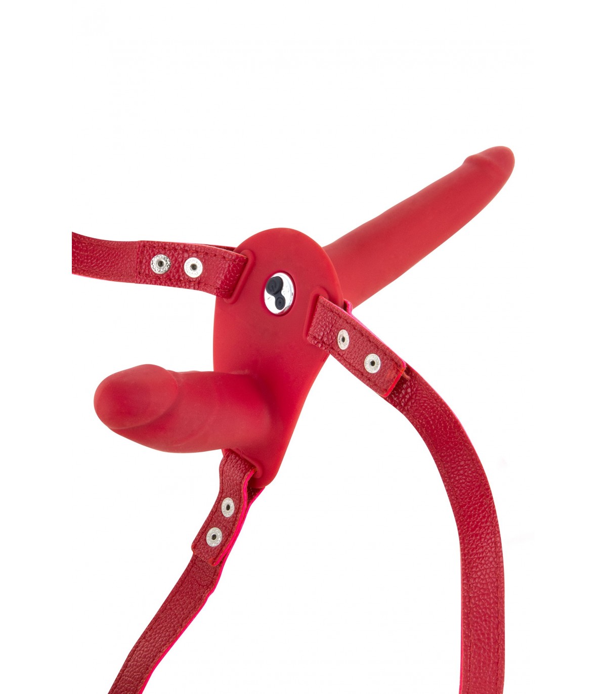 Strap-on Dublu 10 Moduri Vibratii, Silicon, USB, Rosu, 15.5 cm, Nr. 2, Erotic24.ro