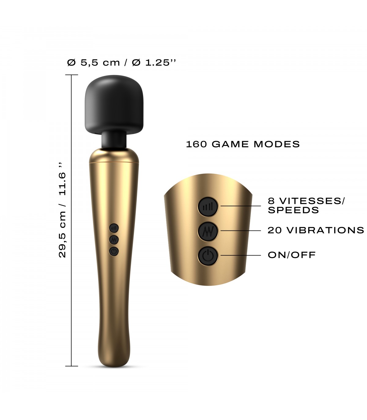 Vibrator Masaj Megawand, 20 Moduri Vibratii, 8 Viteze, Silicon, USB, Auriu/Negru, 29.5 cm, #5, Erotic24.ro