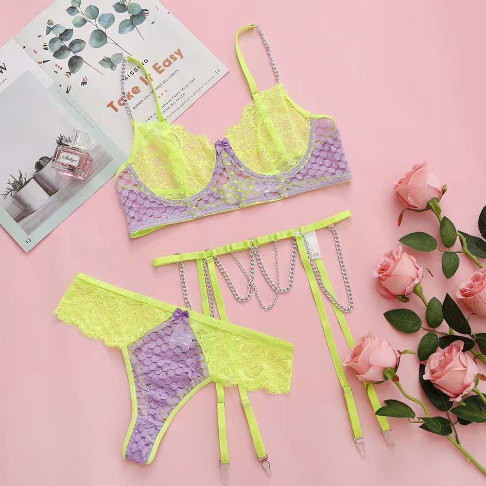 Set Lenjerie 3 Piese cu Lanturi, Verde Neon/Mov, M, JGF Toys, #6, Erotic24.ro