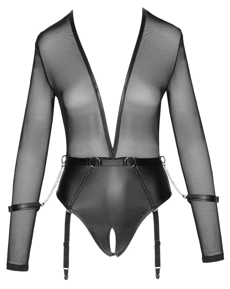 Body Crotchless Tulle & Wetlook, Negru, M, #5, Erotic24.ro
