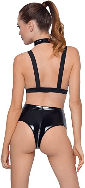 Set 3 Piese Lenjerie din Vinil, Negru, M, #5, Erotic24.ro