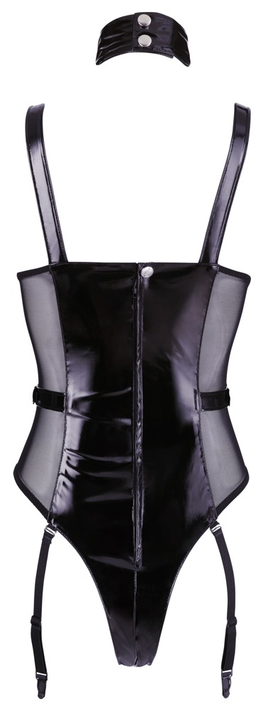 Body din Vinil cu Choker si cu Insertii din Tulle, Negru, M, Nr. 5, Erotic24.ro