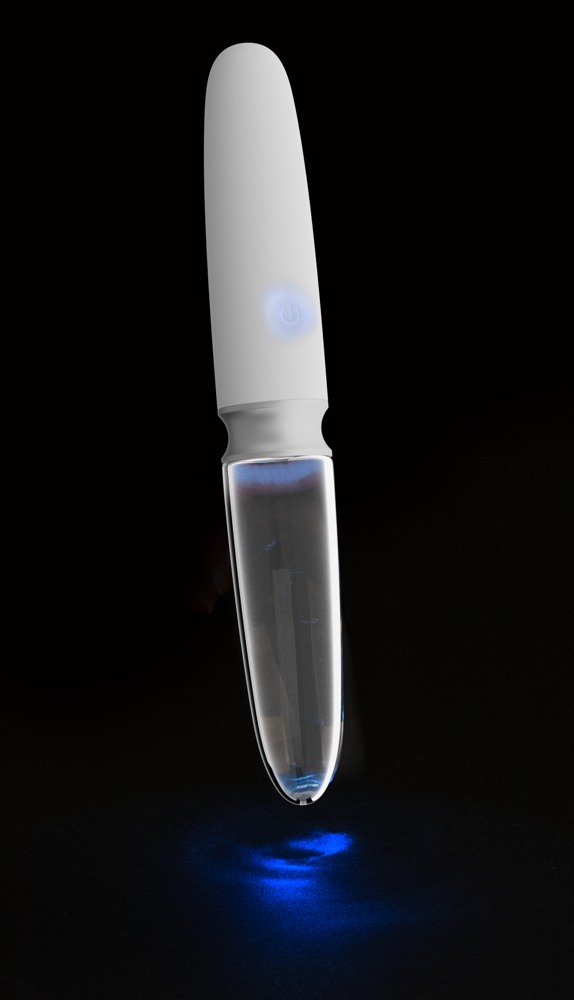 Vibrator Straight LED, 10 Moduri Vibratii, Silicon/Sticla, USB, Alb, 17.7 cm, #6, Erotic24.ro