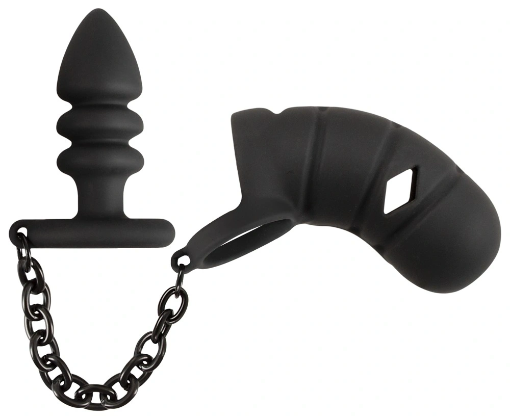 Cusca de Castitate din Silicon Moale cu Dop Anal Conectat, Negru, #3, Erotic24.ro