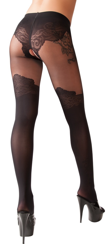 Ciorapi Crotchless cu Imprimeu, 40/20 DEN, Negru, S