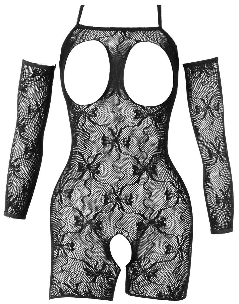 Catsuit Crotchless cu Manusi si Cupele Deschise, Negru, L/XL, Nr. 5, Erotic24.ro