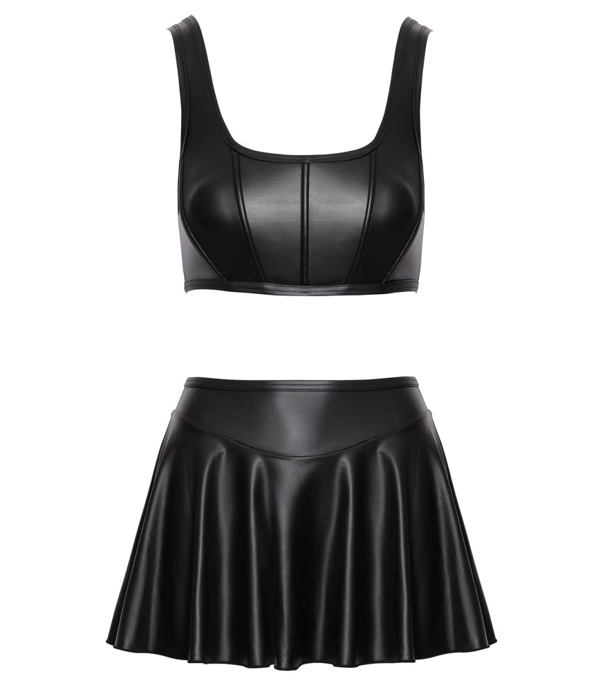 Set Lenjerie 2 Piese Top si Fusta, Material Wetlook, Negru, S, Nr. 4, Erotic24.ro