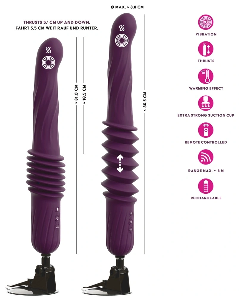 Vibrator RC Warming Fucking Machine, Remote Control, Functii Impingere, Vibratii si Incalzire, Ventuza Detasabila, Silicon, Mov, #5, Erotic24.ro