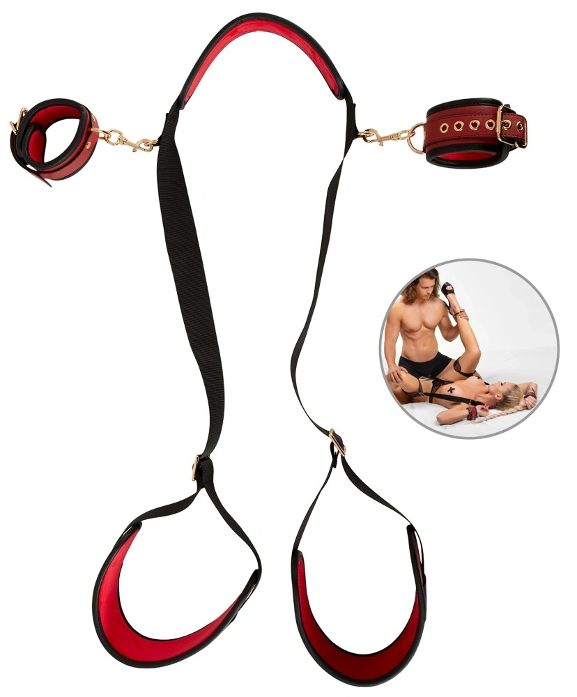 Sistem Retinere Bad Kitty, Catuse Maini-Curea Gat-Prindere Coape, Negru/Rosu, #6, Erotic24.ro