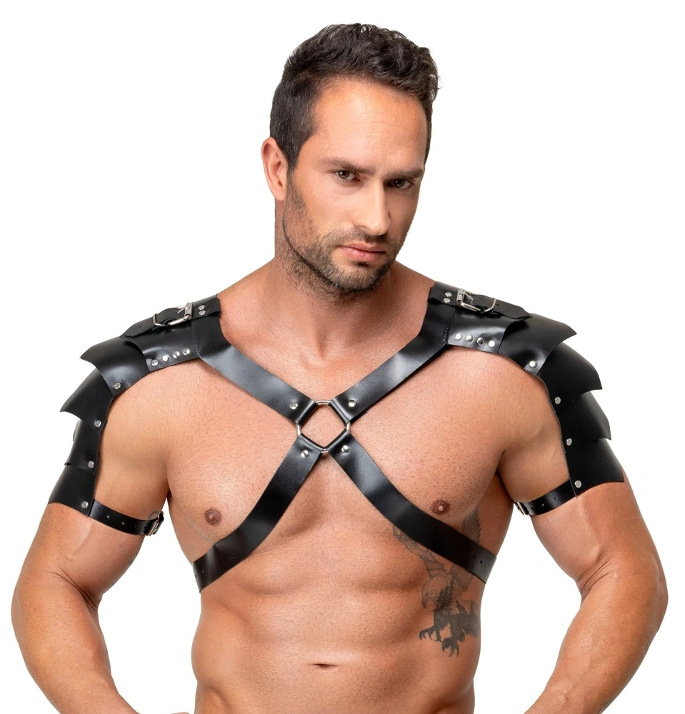 Harness Barbati din Piele Naturala cu Accesorii metalice, Negru, S-L, #2, Erotic24.ro