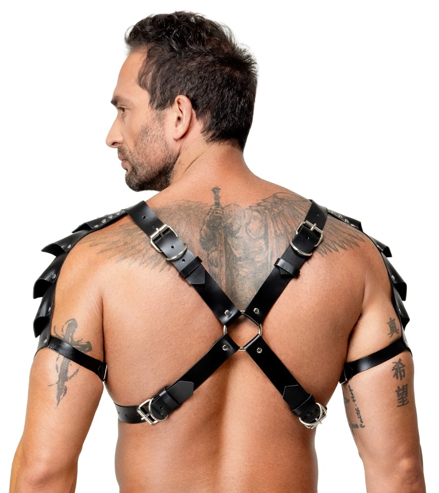 Harness Barbati din Piele Naturala cu Accesorii metalice, Negru, S-L, #3, Erotic24.ro