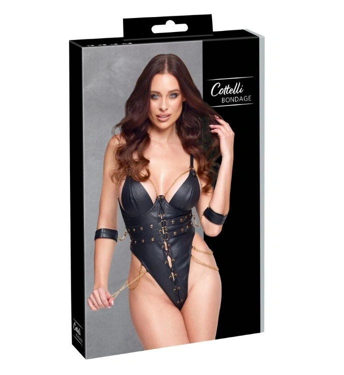 Body Bondage cu Lanturi Aurii si Catuse, Piele Ecologica, Negru, XL, #9, Erotic24.ro