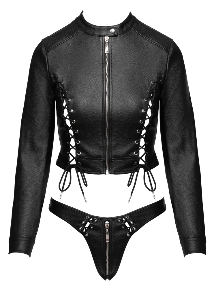 Set Lenjerie 2 Piese Top si Bikini, Piele Ecologica, Negru, S, Nr. 7, Erotic24.ro