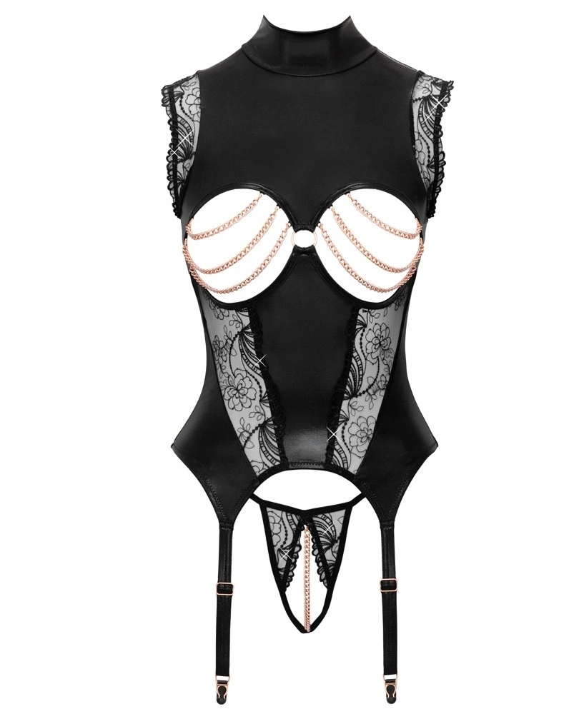 Set Lenjerie 2 Piese Body cu Jartiere si Bikini Crotchless, Negru, M, Nr. 4, Erotic24.ro
