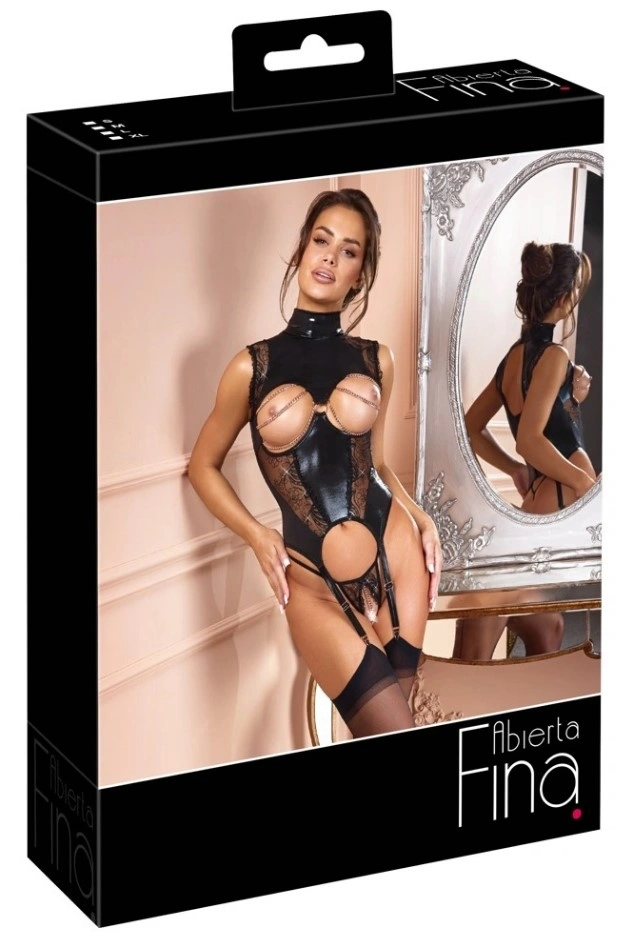 Set Lenjerie 2 Piese Body cu Jartiere si Bikini Crotchless, Negru, M, #8, Erotic24.ro