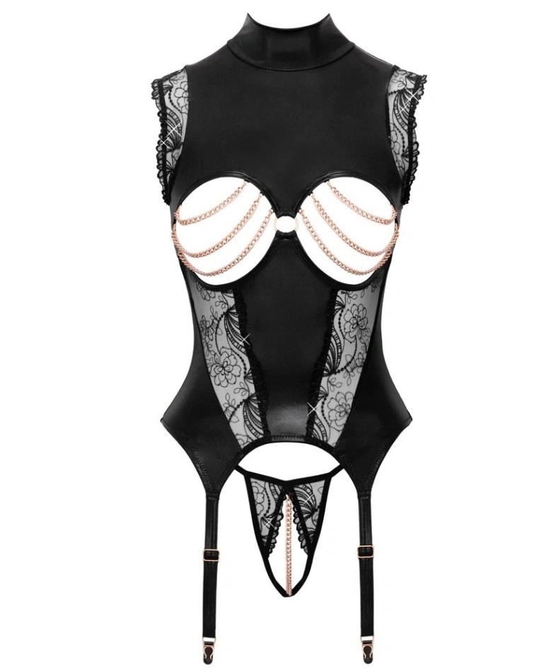 Set Lenjerie 2 Piese Body cu Jartiere si Bikini Crotchless, Negru, M, #3, Erotic24.ro