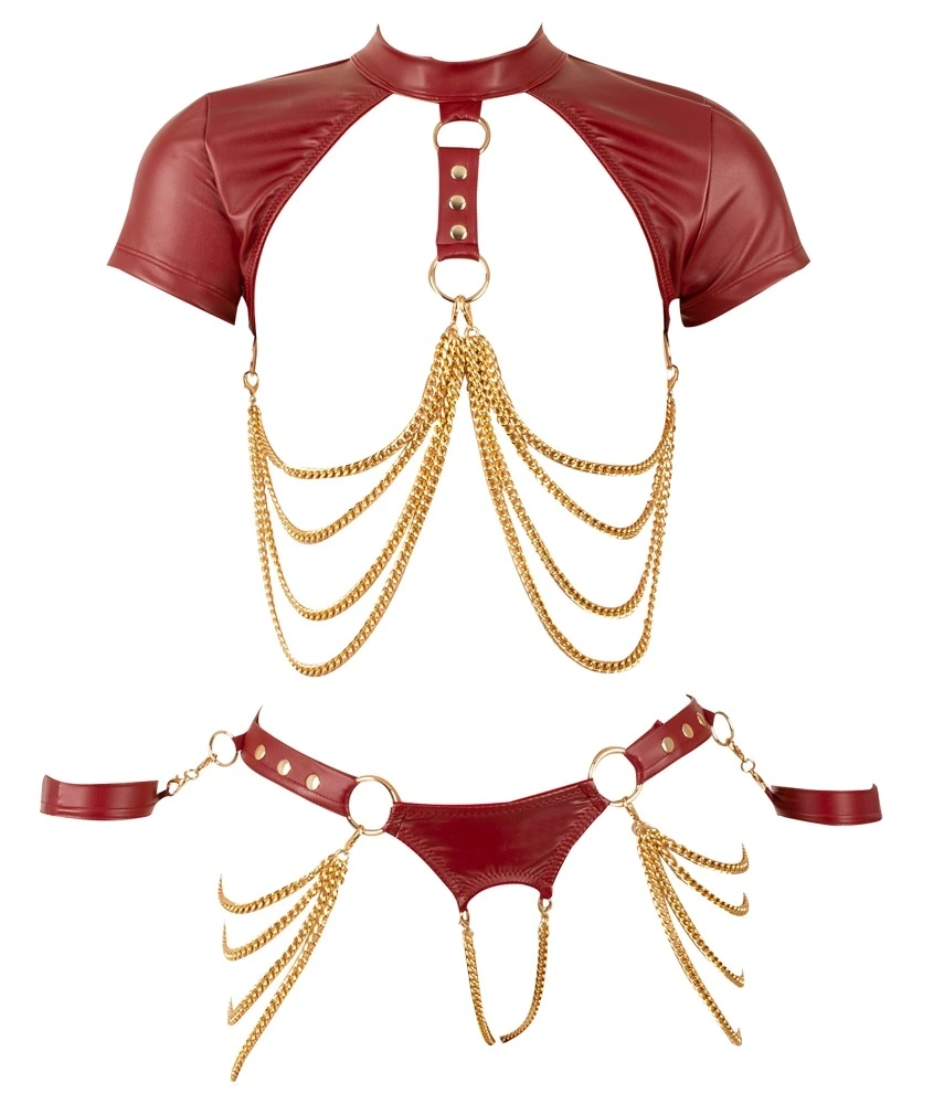 Set Lenjerie 3 Piese Material Wetlook si Lanturi, Rosu, S, #7, Erotic24.ro