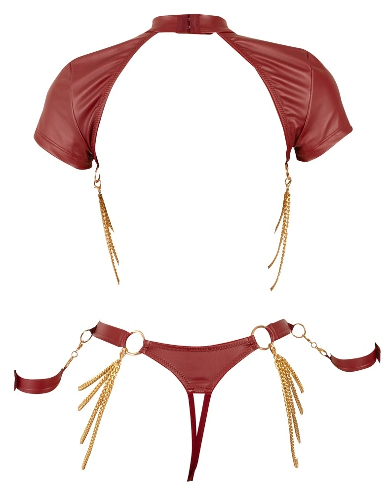 Set Lenjerie 3 Piese Material Wetlook si Lanturi, Rosu, S, #6, Erotic24.ro