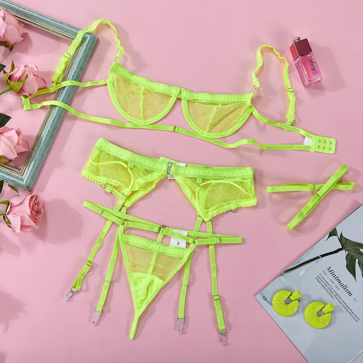 Set 4 Piese Lenjerie, Verde Neon, L, JGF Lingerie, #6, Erotic24.ro