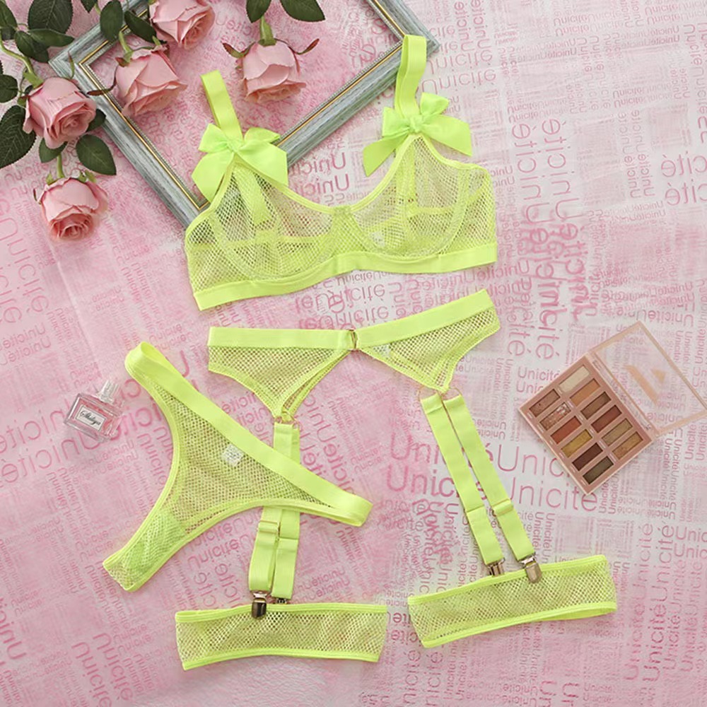 Set 4 Piese Lenjerie din Plasa, Verde Neon, L, JGF Lingerie, #4, Erotic24.ro