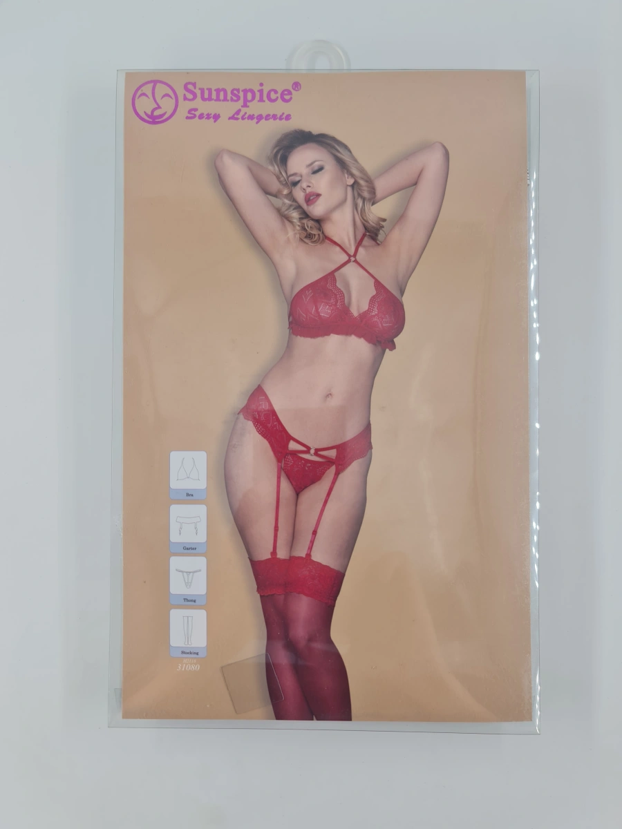 Set Lenjerie 4 piese Dantela Rosu S/M, #4, Erotic24.ro