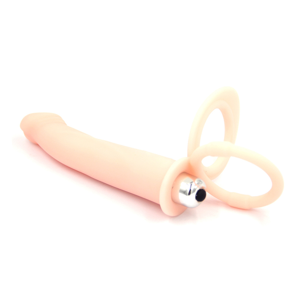 Inel Dublu de Penis cu Stimulator Anal 10 Moduri Vibratii Silicon Natural Mokko Toys