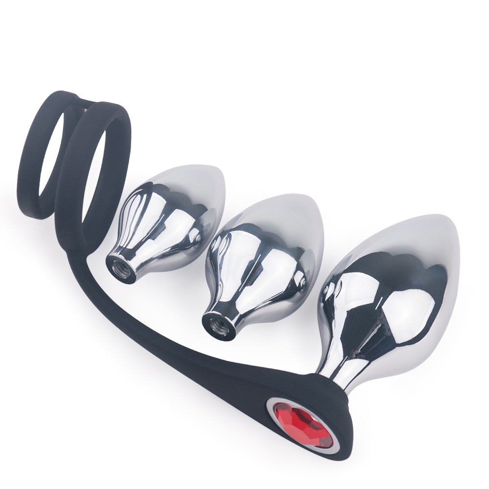 Inel Dublu de Penis Silicon cu 3 Dopuri Anale Metalice cu Bijuterie Passion Labs, #1, Erotic24.ro