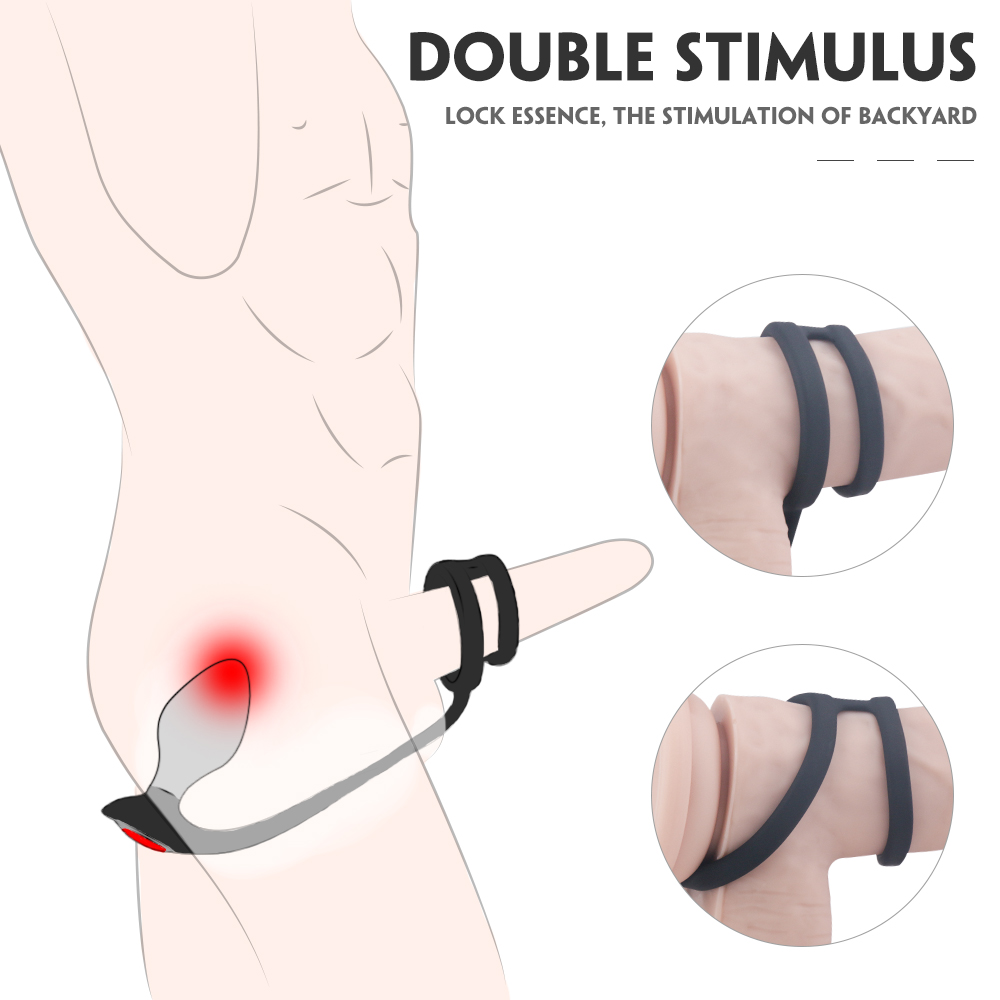 Inel Dublu de Penis Silicon cu 3 Dopuri Anale Metalice cu Bijuterie Passion Labs, #2, Erotic24.ro