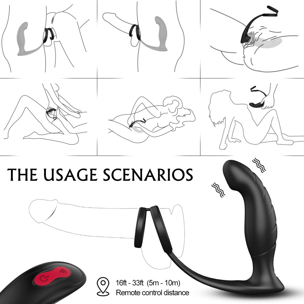 Inel Dublu Penis cu Stimulator Kent  Remote Control 9 Moduri Vibratii Silicon USB Negru 13 cm Mokko Toys, #8, Erotic24.ro