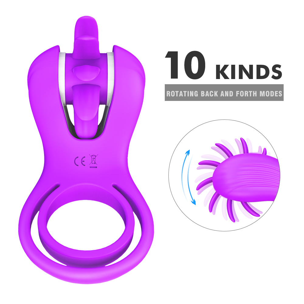 Inel Dublu de Penis Sqweel, 9 Moduri Rotatii, Silicon, USB, Mov, Mokko Toys, #5, Erotic24.ro