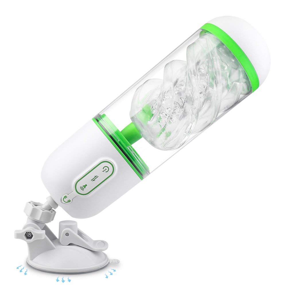 Masturbator Icey cu Suport Handsfree, 9 Moduri Vibratii+3 Moduri Suctiune, Alb/Verde, Guilty Toys