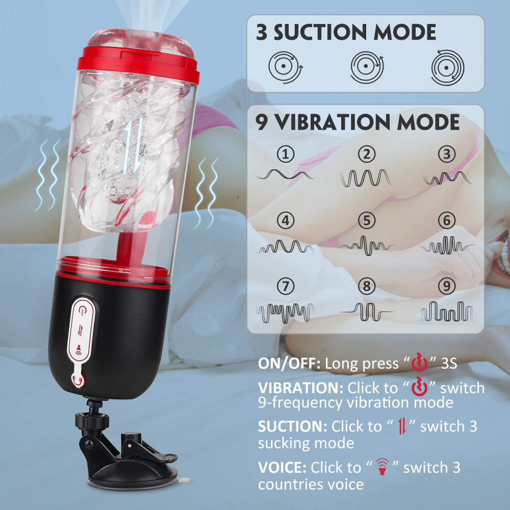 Masturbator Icey cu Suport Handsfree, 9 Moduri Vibratii+3 Moduri Suctiune, Negru/Rosu, GuiltyToys, #5, Erotic24.ro
