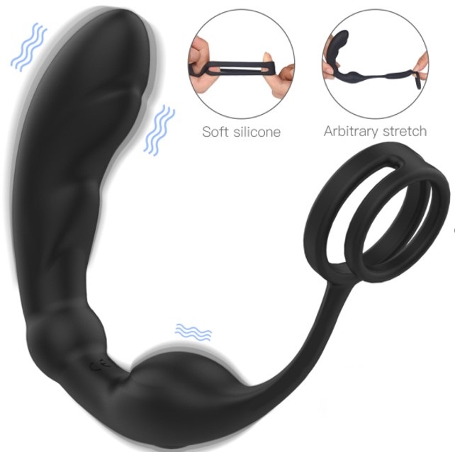 Inel Dublu de Penis Winnie cu Stimulator Prostata, 9 Moduri Vibratii, Silicon, USB, Negru, Guilty Toys, #1, Erotic24.ro
