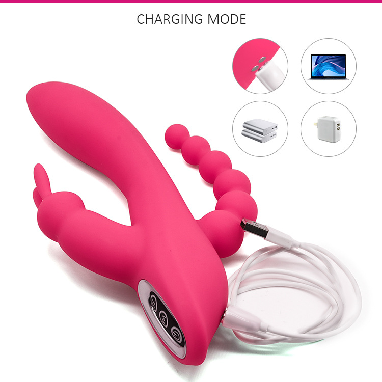 Vibrator Triplu Mikaela, 10 Moduri Vibratii, Silicon, USB, Roz, 20.7 cm, Mokko Toys, #2, Erotic24.ro