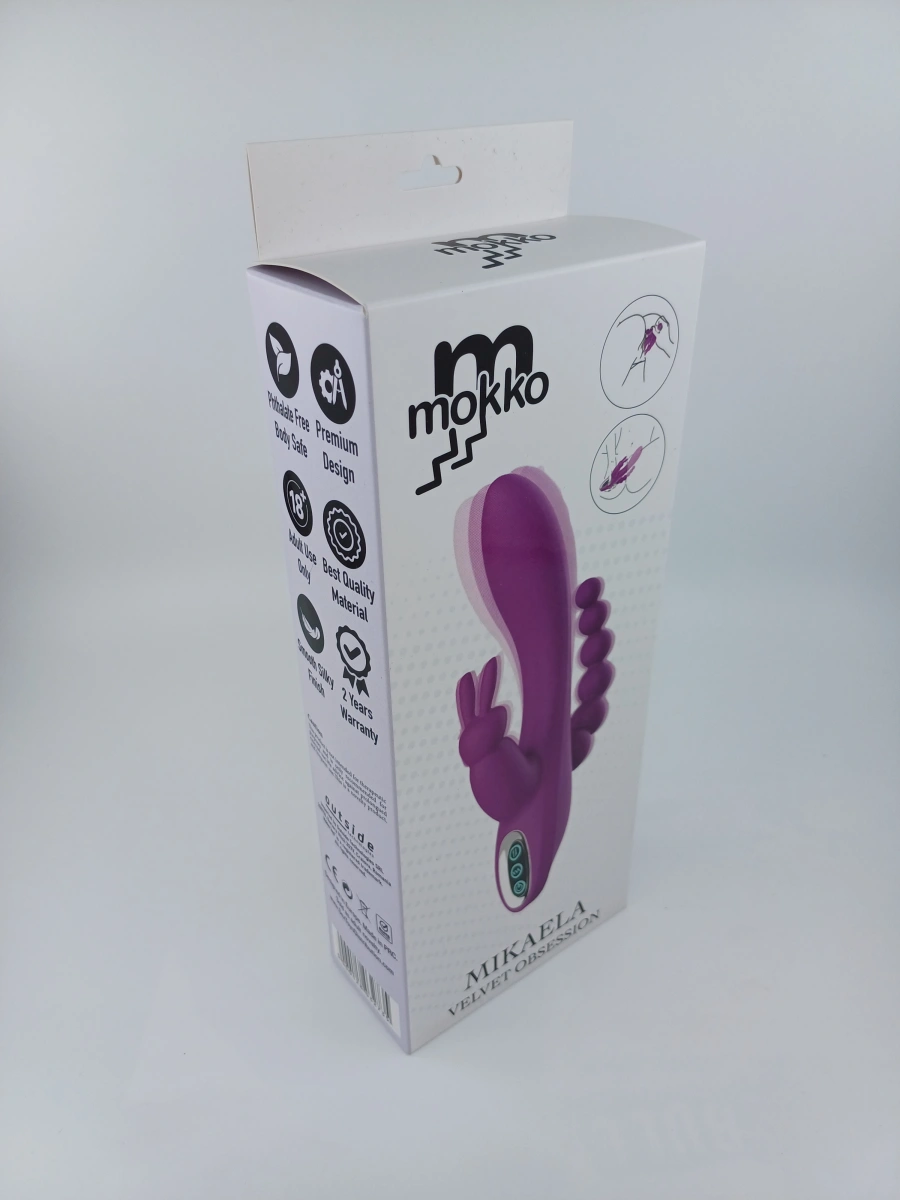 Vibrator Triplu Mikaela, 10 Moduri Vibratii, Silicon, USB, Mov, 20.7 cm, Mokko Toys, #5, Erotic24.ro