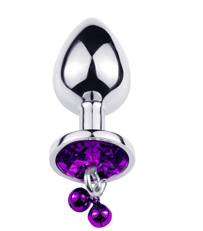 Dop Anal Metalic cu Clopotei Ring My Bells, Argintiu/Mov, Medium, 8 cm, Passion Labs, #2, Erotic24.ro