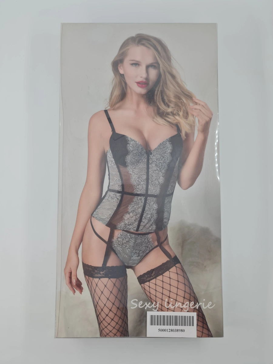 Set Lenjerie 3 Piese Corset Love Gri/Negru S/M, #4, Erotic24.ro